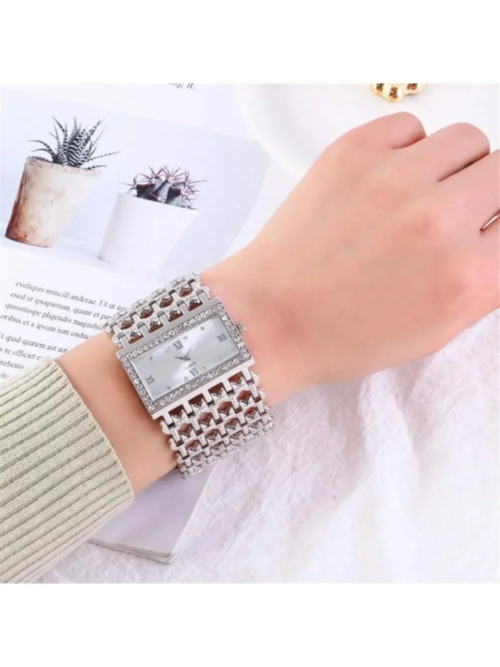 Women's Silver Luxury Rectangular Case Analog Quartz Fashion Dress Wrist Watch